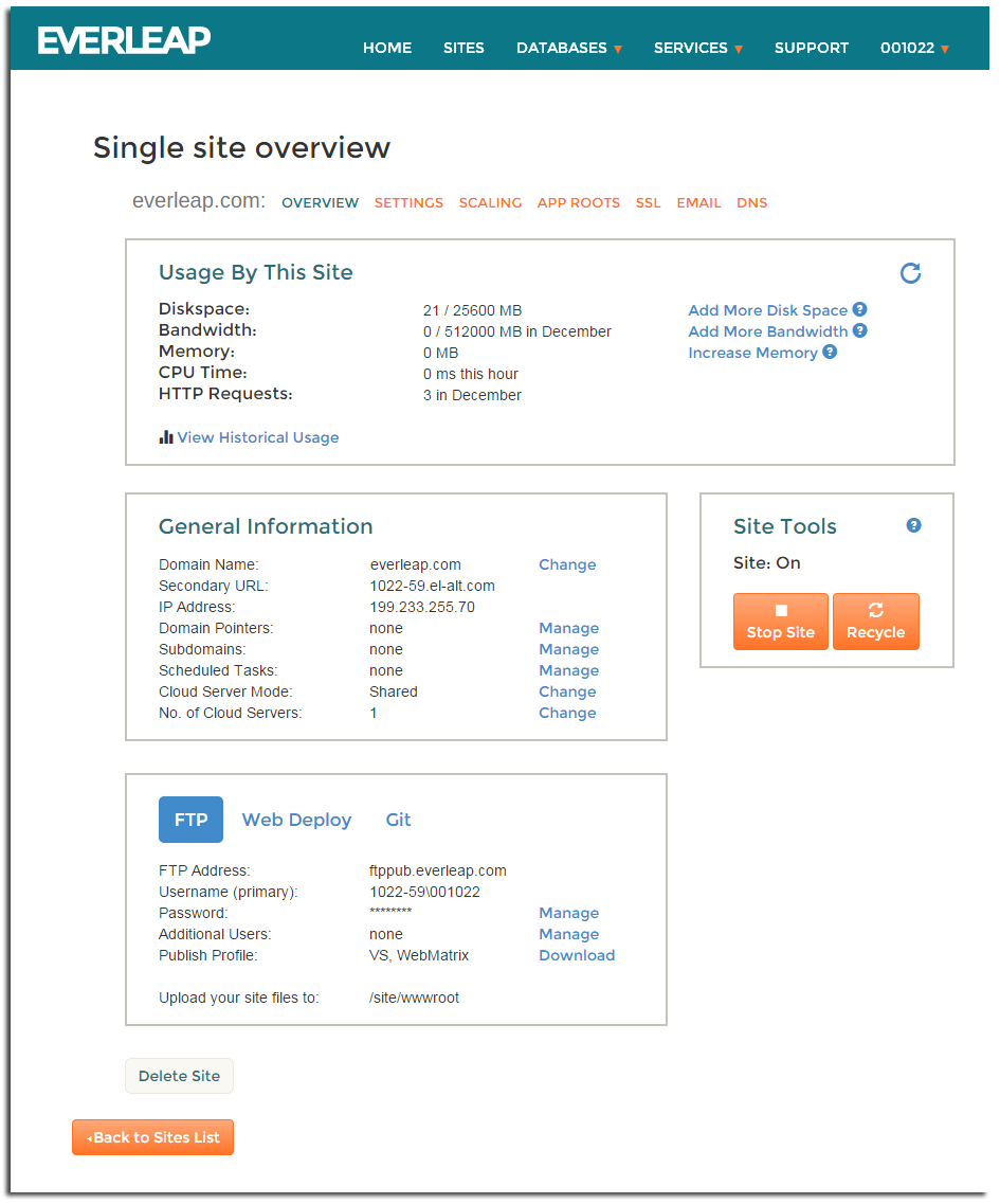 Everleap Control Panel Single site Overview