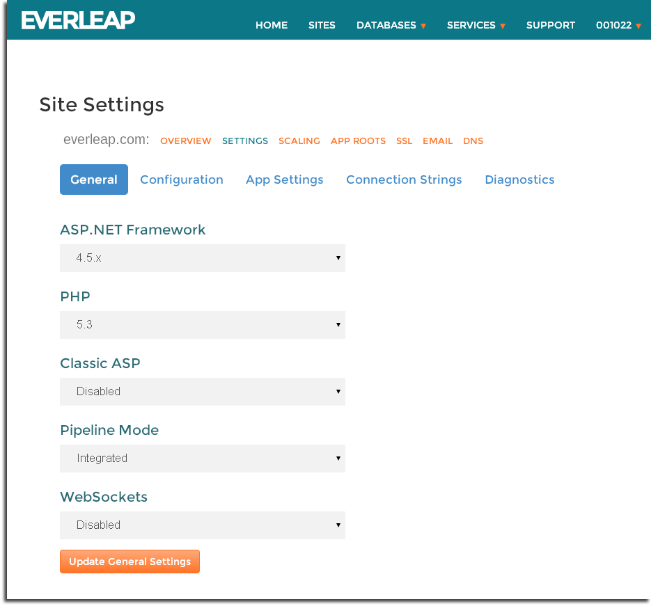 Everleap Control Panel Site Settings